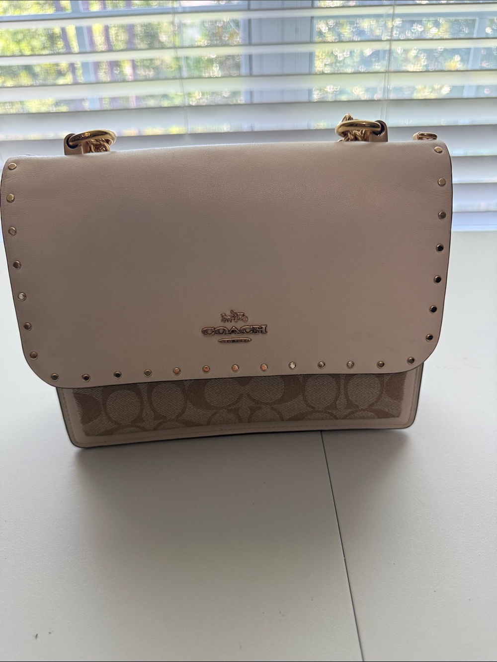 Coach Cream and Tan Signature Flap Shoulder Bag with Studs